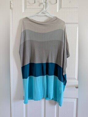 Giordano Ladies Asymmetric Colorblock Batwing tunic Top Blue Grey Minimalist S/M
